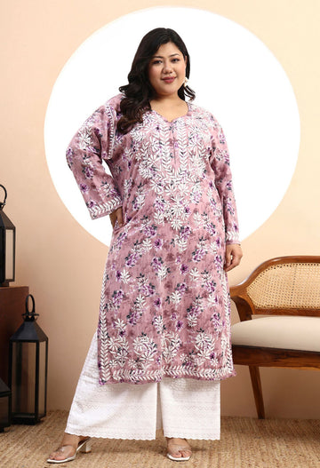 Women Pink Floral Hand-Embroidered Chikankari Mulmul Kurta