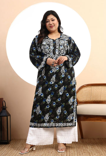 Women Black and Blue Floral Hand-Embroidered Chikankari Mulmul Kurta