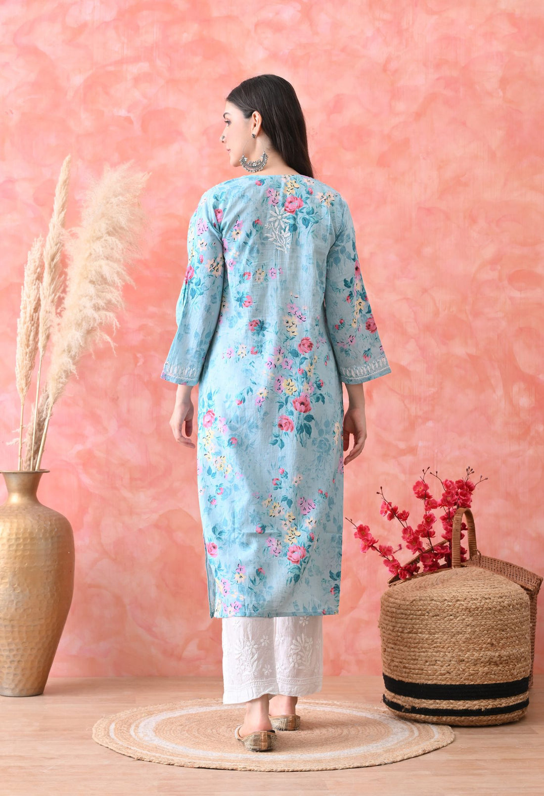 Hand Embroidered Chikankari Mulmul Floral Print Kurta-Lemon Blue