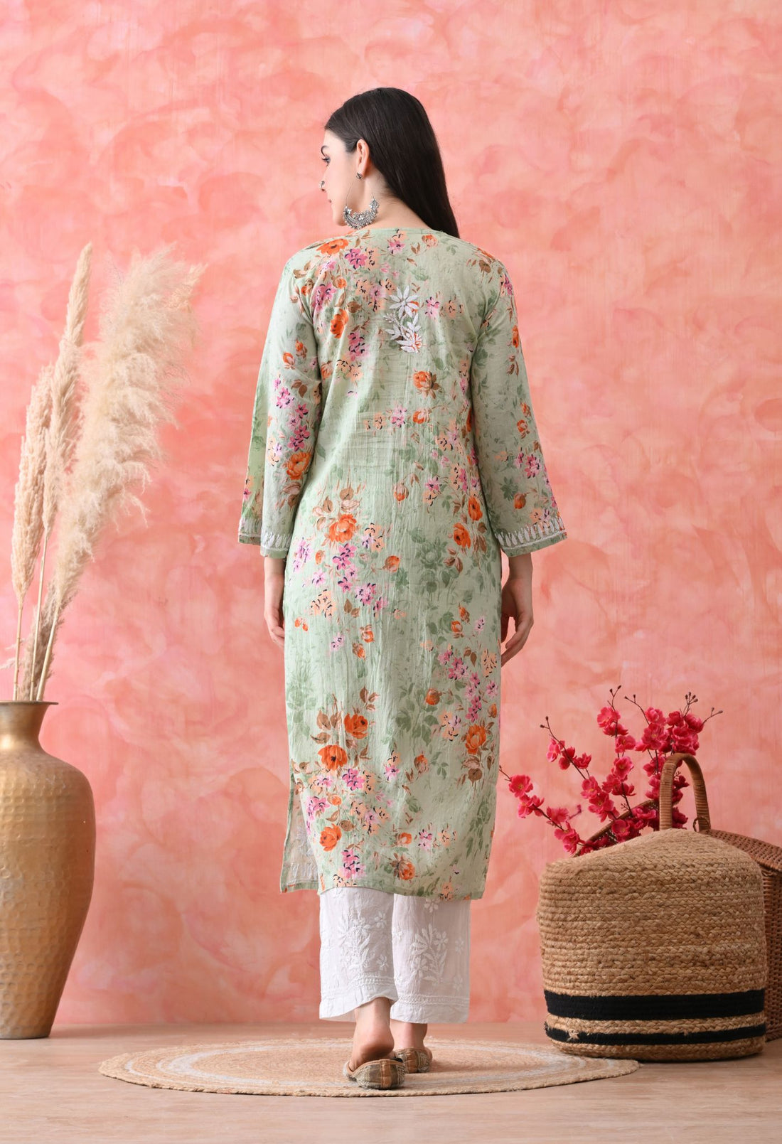 Hand Embroidered Chikankari Mulmul Floral Print Kurta-Lemon Green