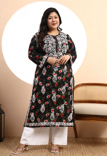 Women Black  and Red Floral Hand-Embroidered Chikankari Mulmul Kurta