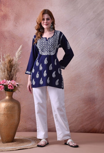 Navy Blue Hand-Embroidered Chikankari Rayon Short Kurta
