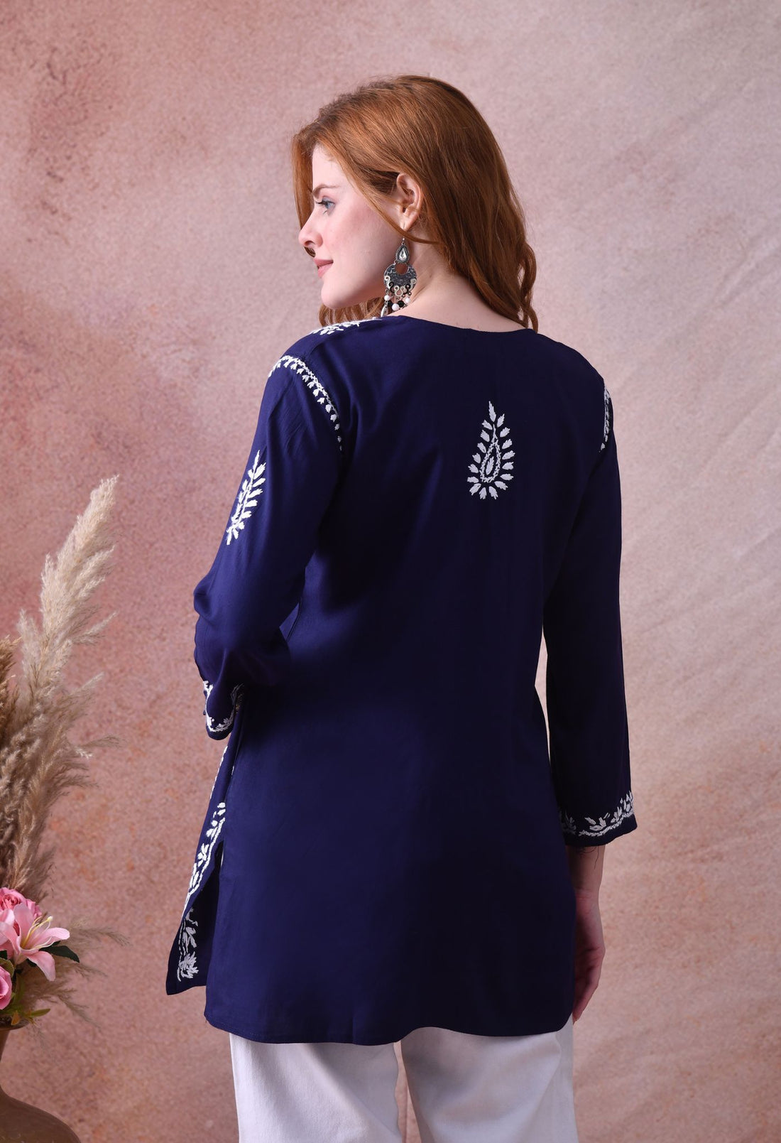 Navy Blue Hand-Embroidered Chikankari Rayon Short Kurta