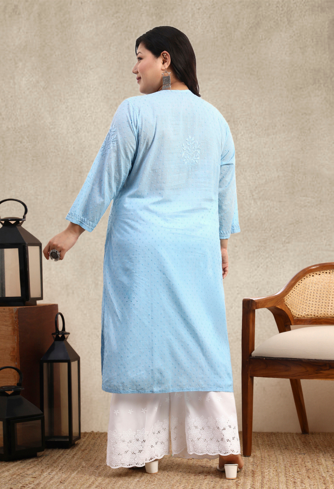 Sky Blue Ombre Dobby Cotton Plus Size Hand Embroidered Chikankari Kurta