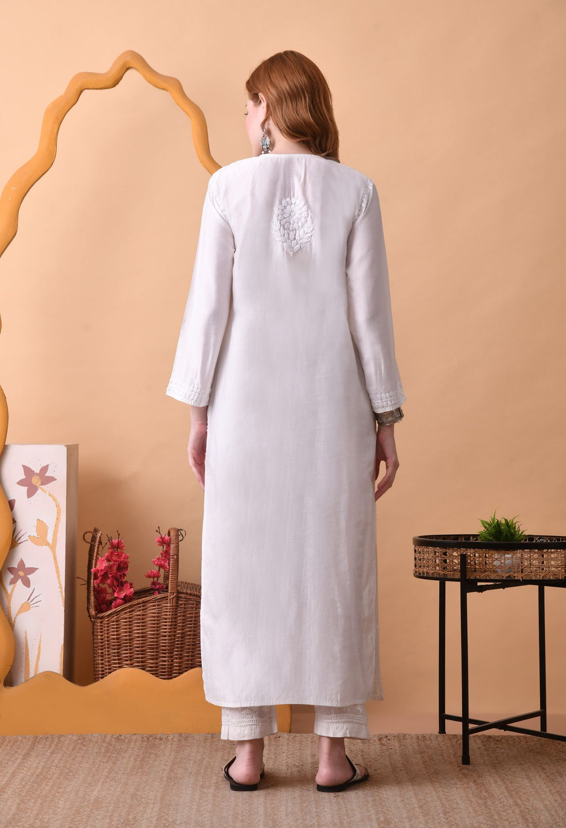 White Chanderi Hand Embroidered Chikankari Kurta
