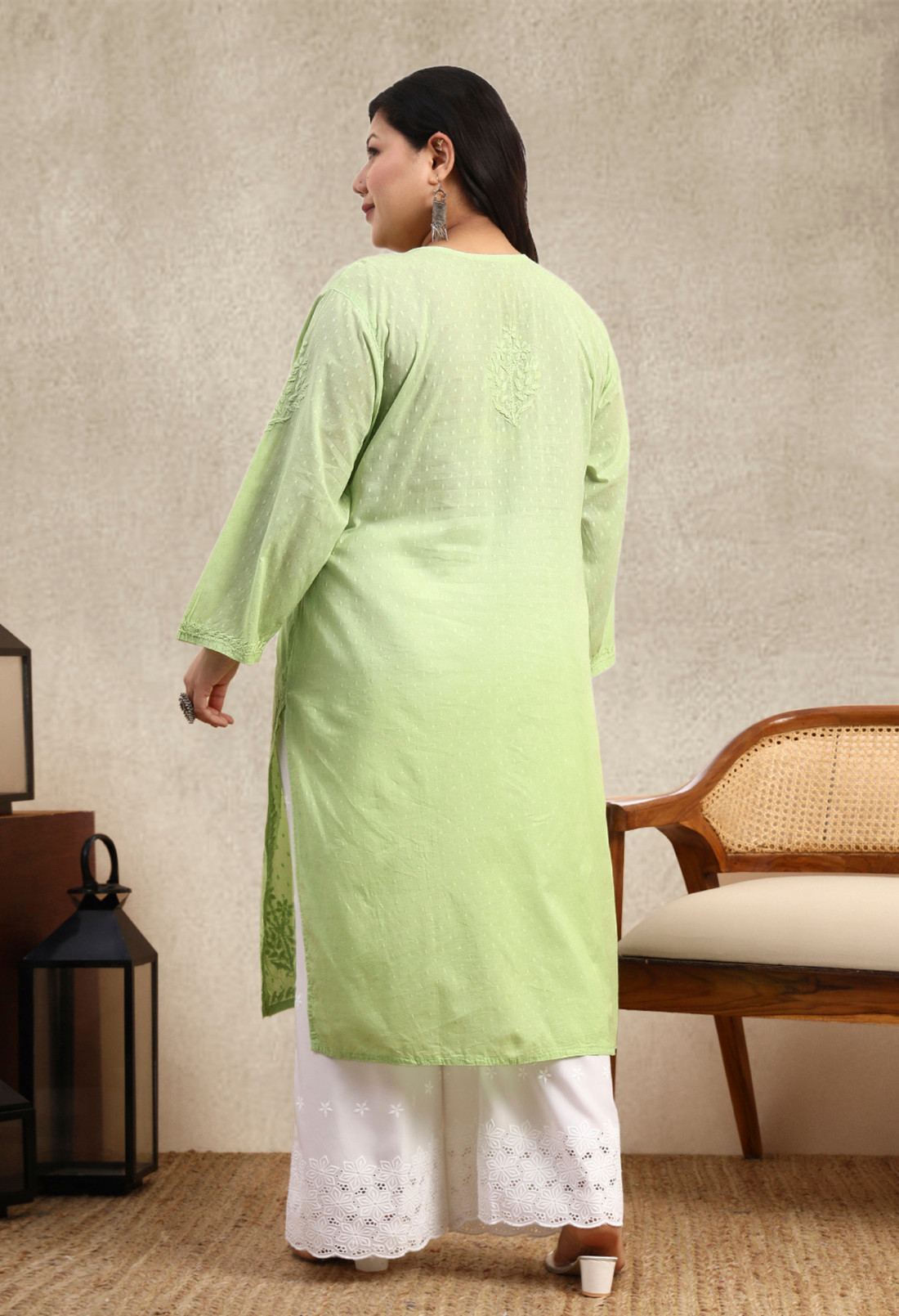 Lime Green Ombre Dobby Cotton Plus Size Hand Embroidered Chikankari Kurta