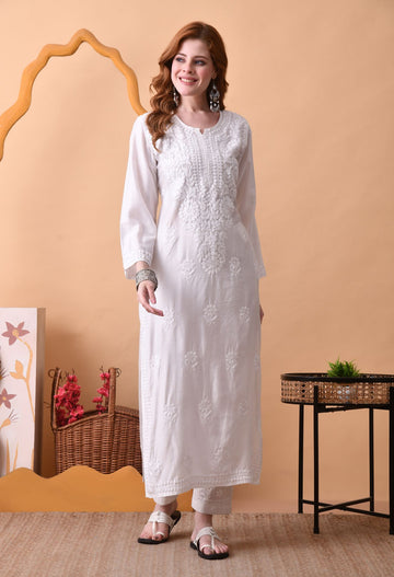 White Chanderi Hand Embroidered Chikankari Kurta