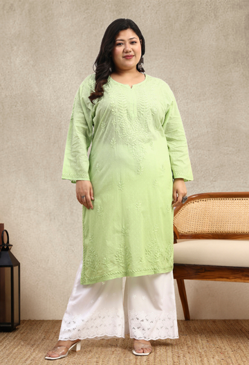 Lime Green Ombre Dobby Cotton Plus Size Hand Embroidered Chikankari Kurta