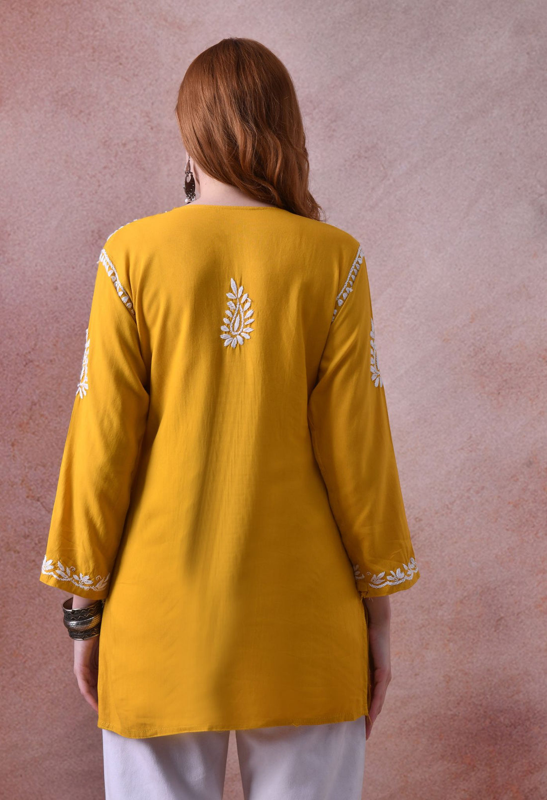 Yellow Hand-Embroidered Chikankari Rayon Short Kurta