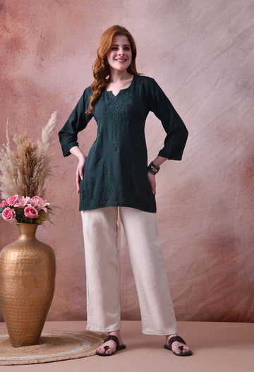 Dark Green Rayon Chikankari Short Kurta