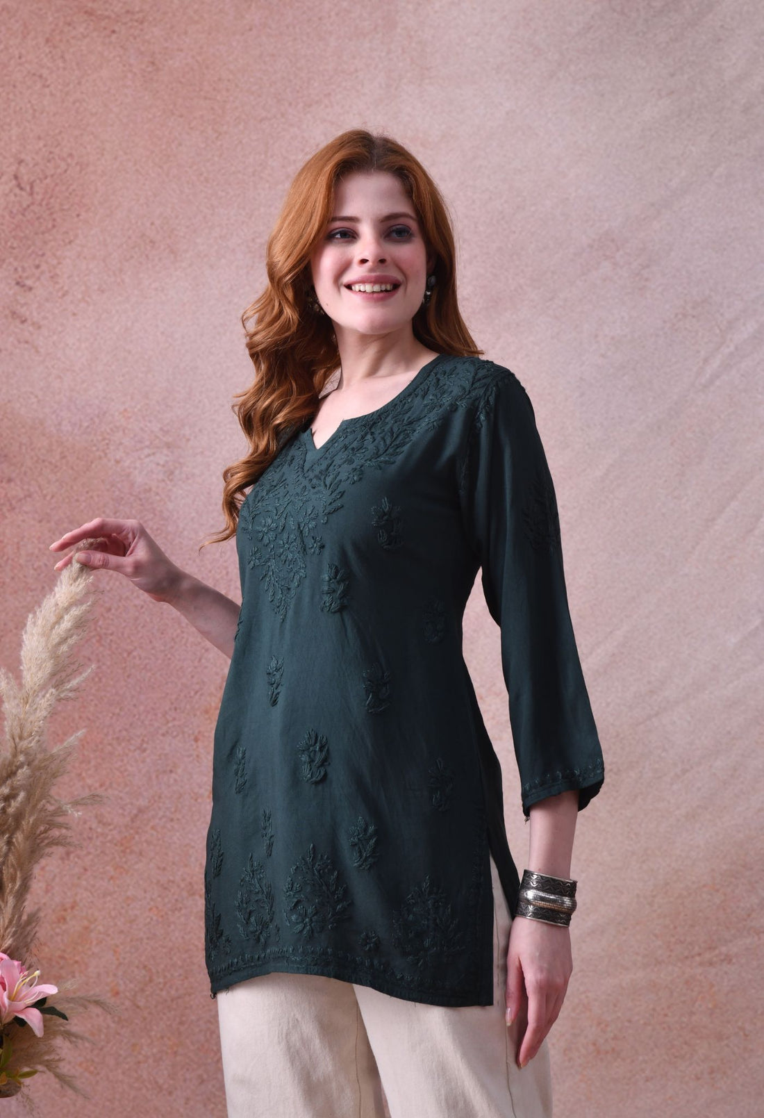 Dark Green Rayon Chikankari Short Kurta