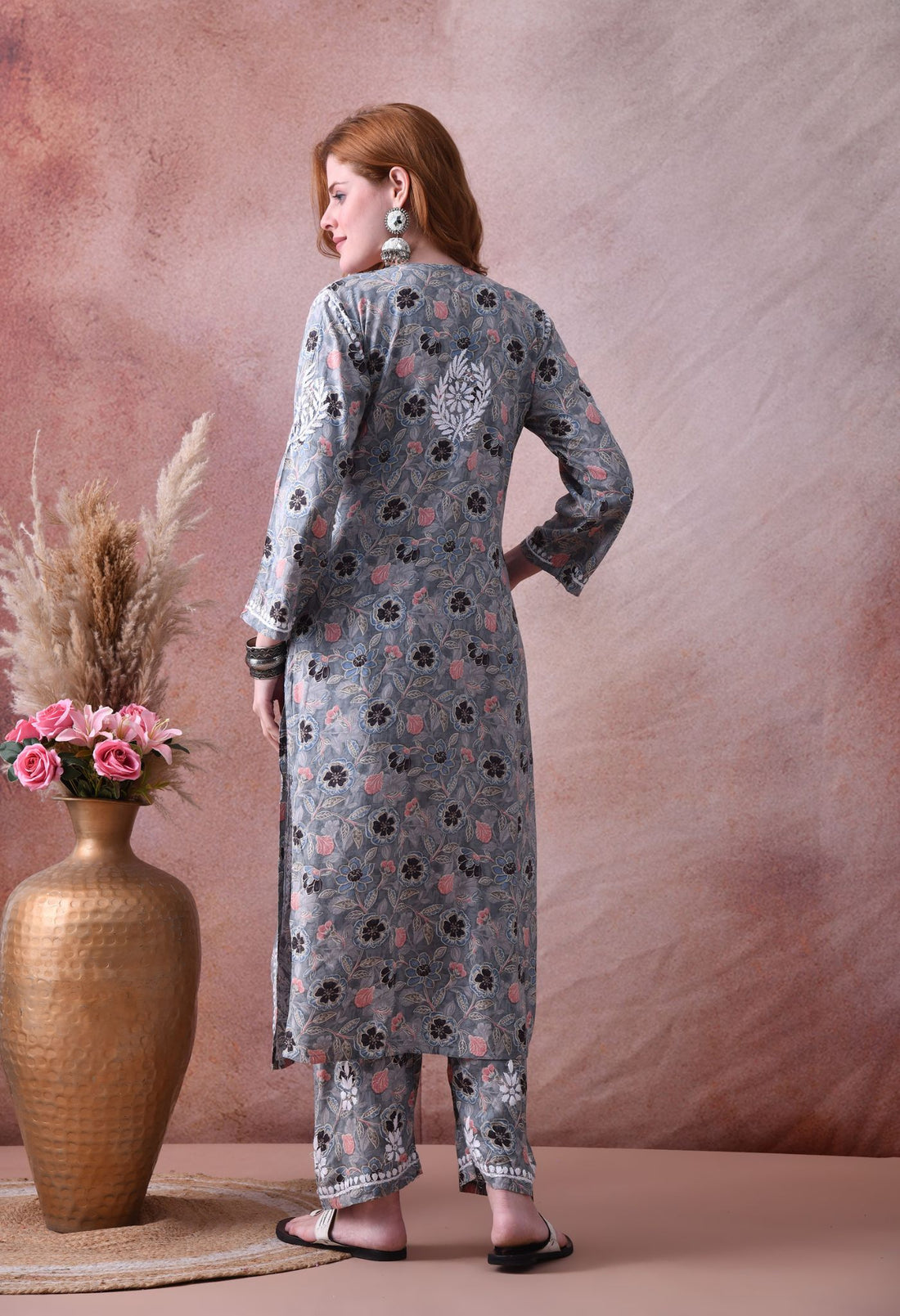 Grey Hand-Embroidered Chikankari Rayon Kurta & Pant Set