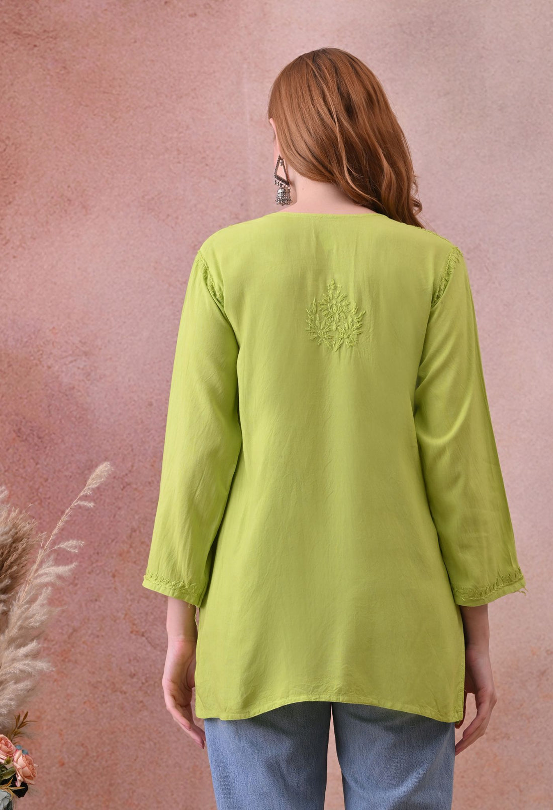 Parrot Green Rayon Chikankari Short Kurta