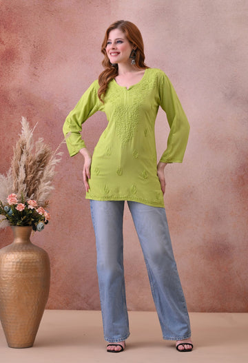 Parrot Green Rayon Chikankari Short Kurta