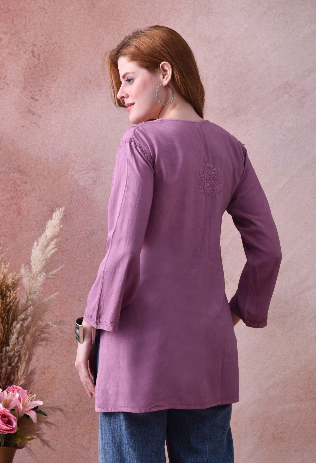 Purple Green Rayon Chikankari Short Kurta