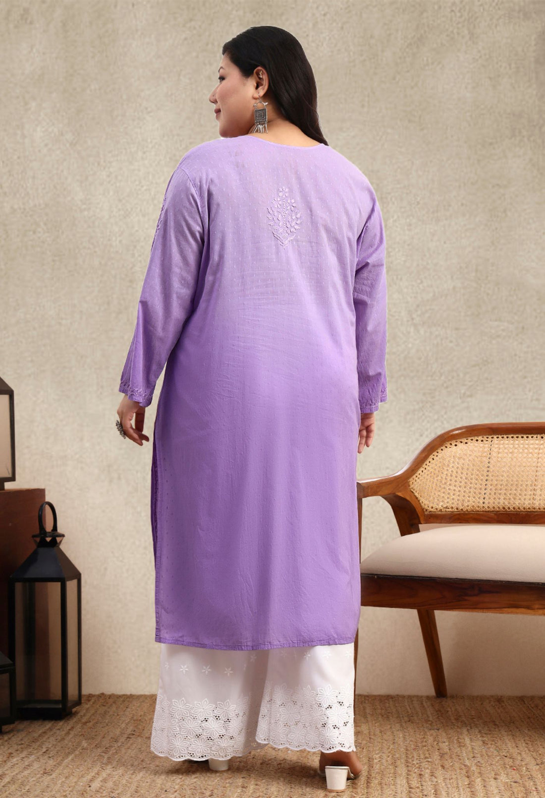 Purple Ombre Dobby Cotton Plus Size Hand Embroidered Chikankari Kurta