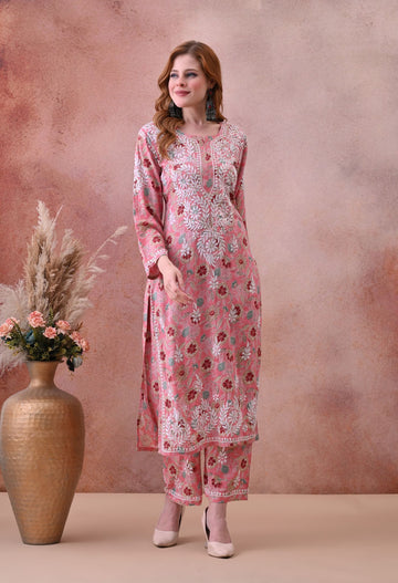 Pink Hand-Embroidered Chikankari Rayon Kurta & Pant Set