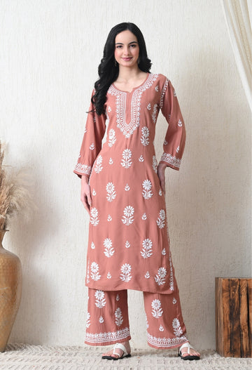Peach Rayon Hand Embroidered Chikankari Kurta & PLazo Set with Floral Motifs