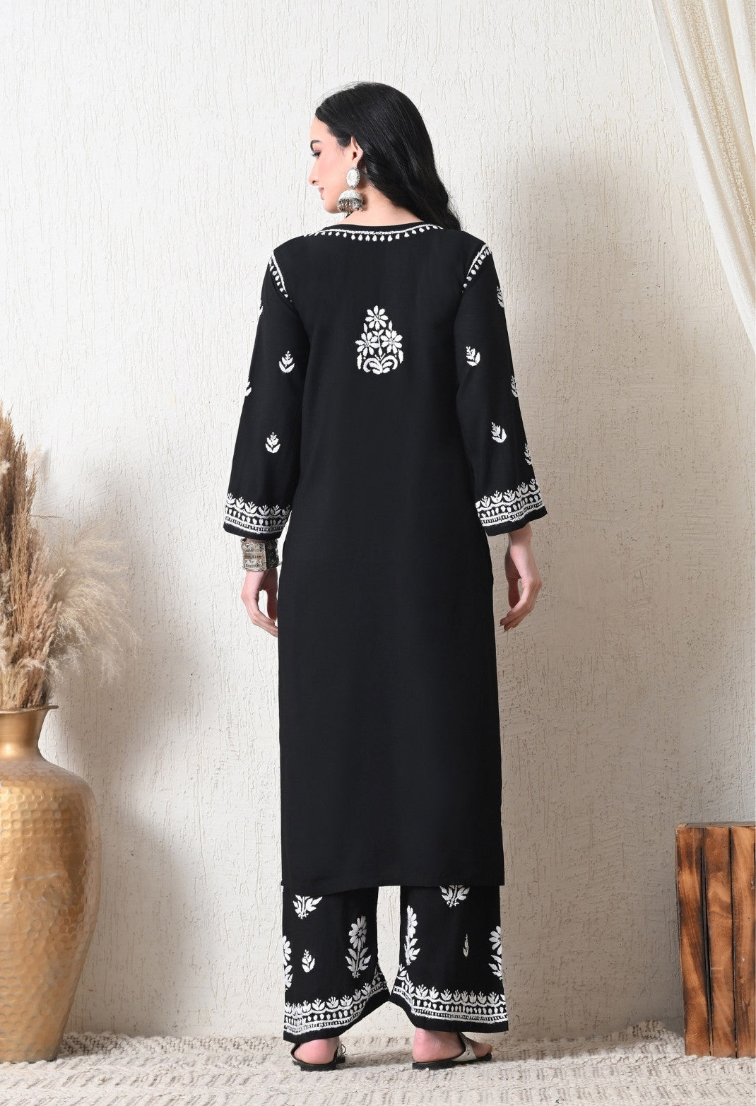Black Rayon Hand Embroidered Chikankari Kurta & PLazo Set with Floral Motifs