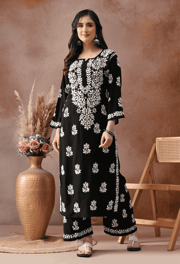 Black Hand Embroidered Chikankari Rayon Kurta Palazzo Set