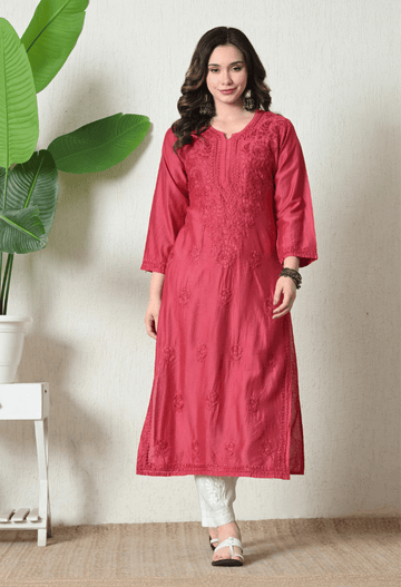 Pink Chanderi Hand Embroidered Chikankari Straight Kurta