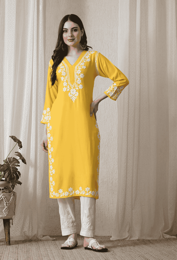 Yellow Hand-Embroidered Chikankari Rayon Straight Kurta