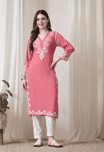 Onion Pink Hand-Embroidered Chikankari Rayon Straight Kurta