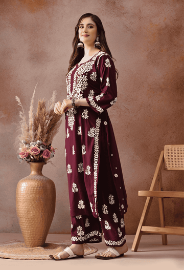 Wine Hand Embroidered Chikankari Rayon Kurta Palazzo Set