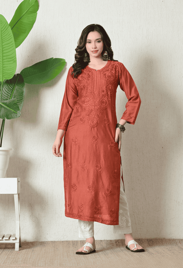 Rust Orange Chanderi Hand Embroidered Chikankari Straight Kurta