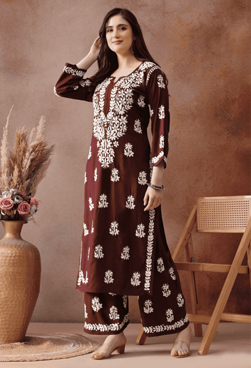 Brown Hand Embroidered Chikankari Rayon Kurta Palazzo Set