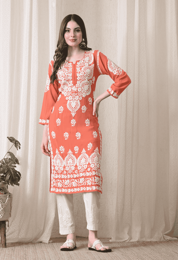 Peach & White Hand-Embroidered Chikankari Rayon Straight Kurta