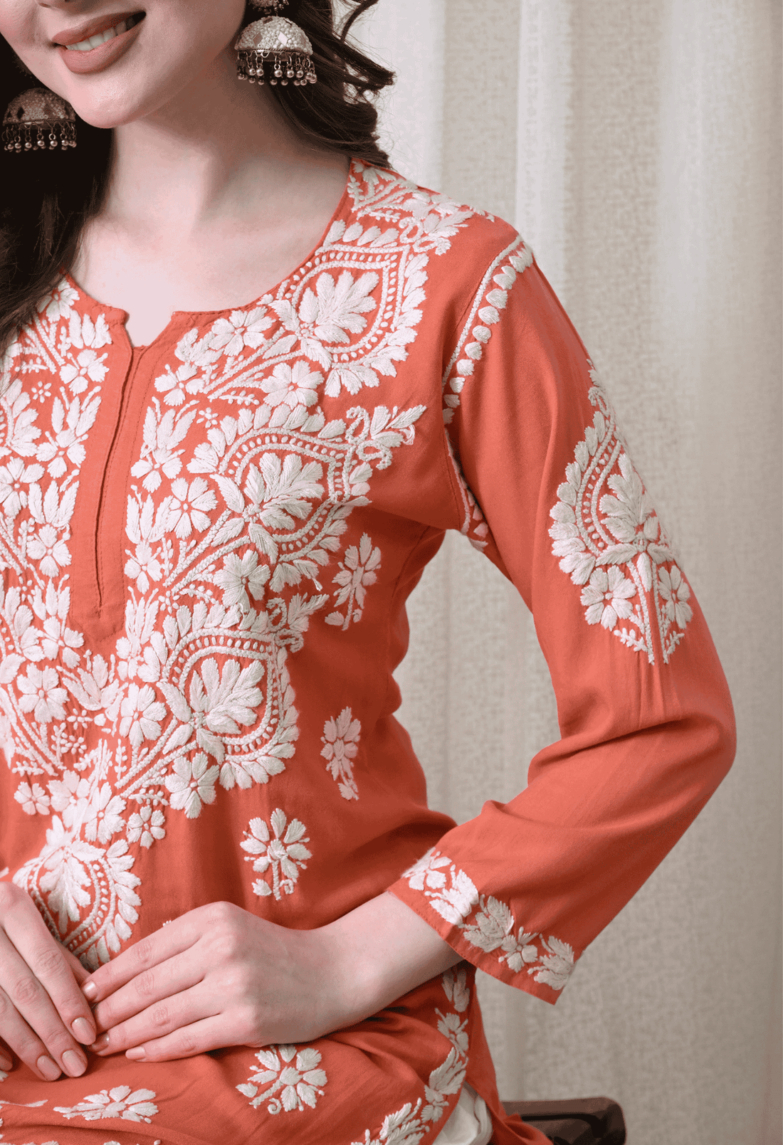 Peach & White Hand-Embroidered Chikankari Rayon Straight Kurta