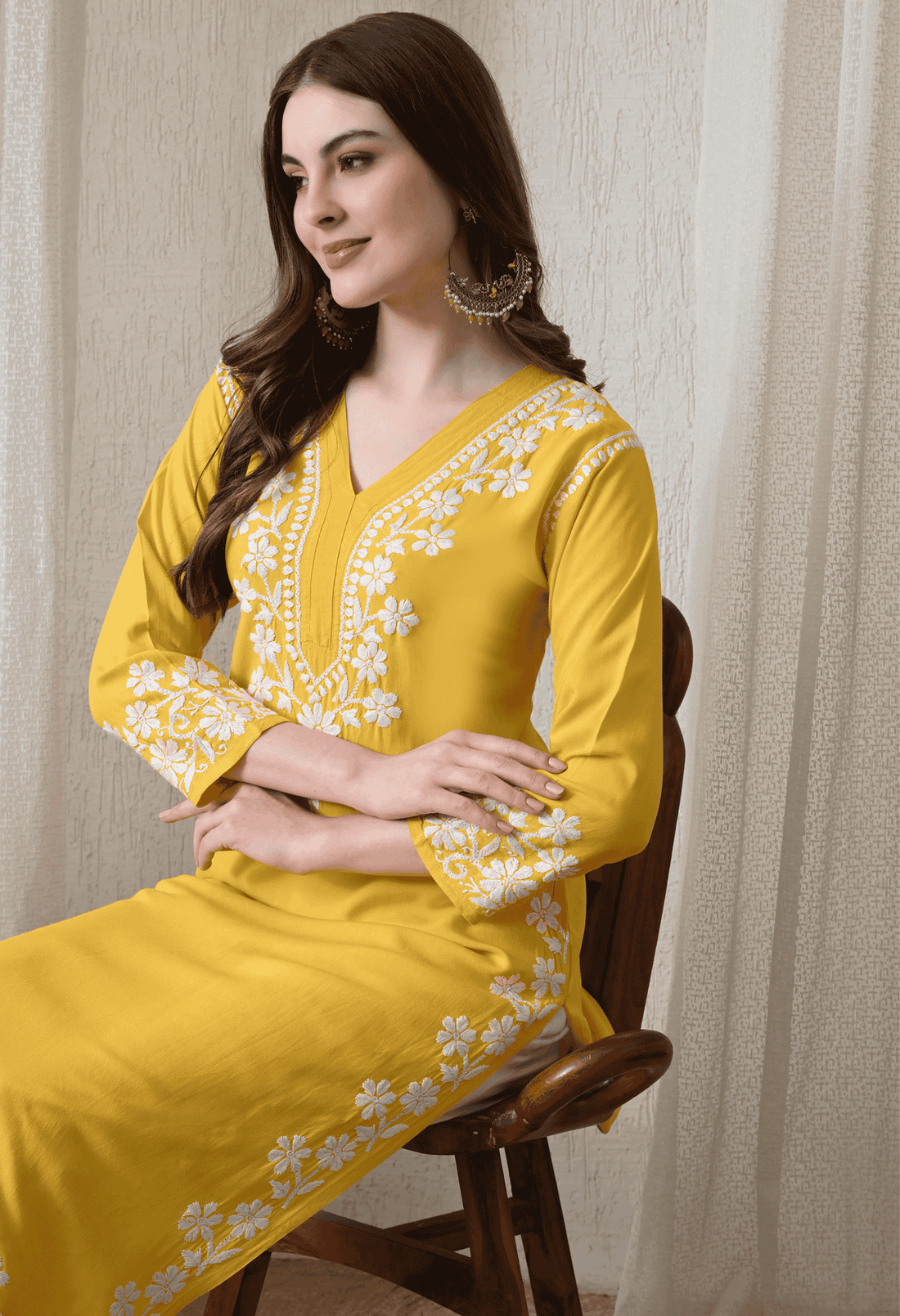 Yellow Hand-Embroidered Chikankari Rayon Straight Kurta