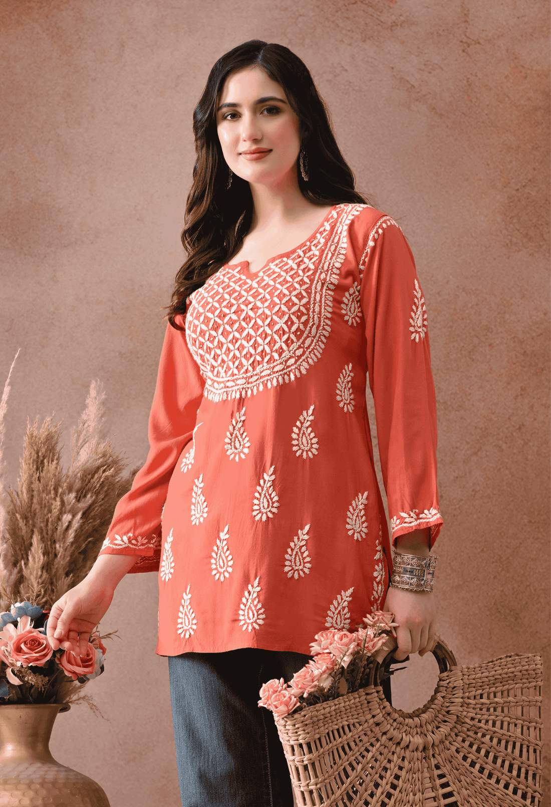 Peach Hand-Embroidered Chikankari Rayon Short Kurta