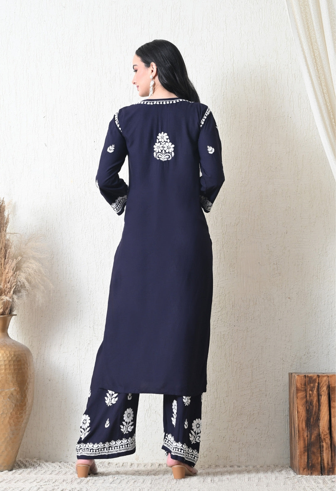 Navy Blue Rayon Hand Embroidered Chikankari Kurta & PLazo Set with Floral Motifs