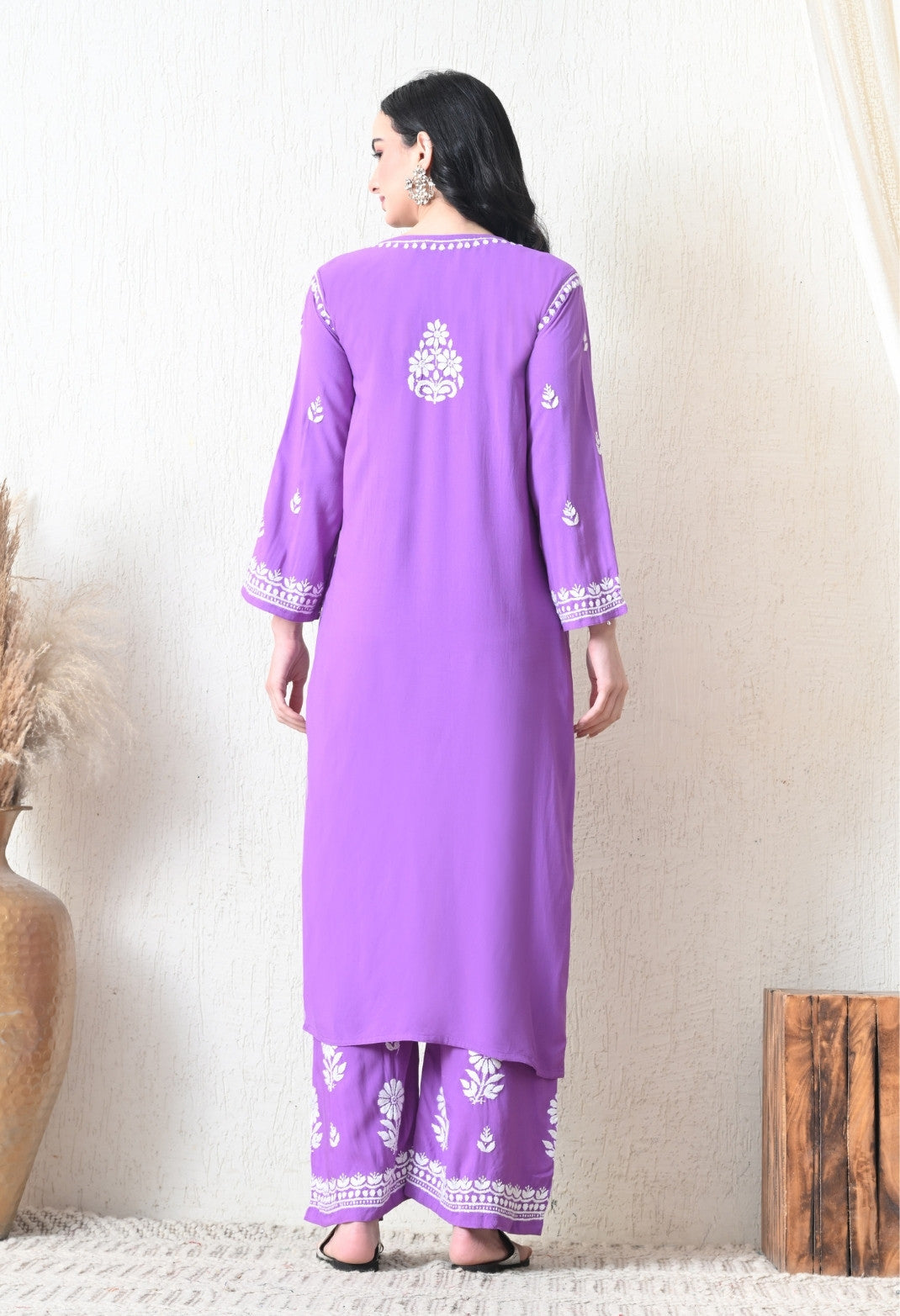 Purple Rayon Hand Embroidered Chikankari Kurta & PLazo Set with Floral Motifs