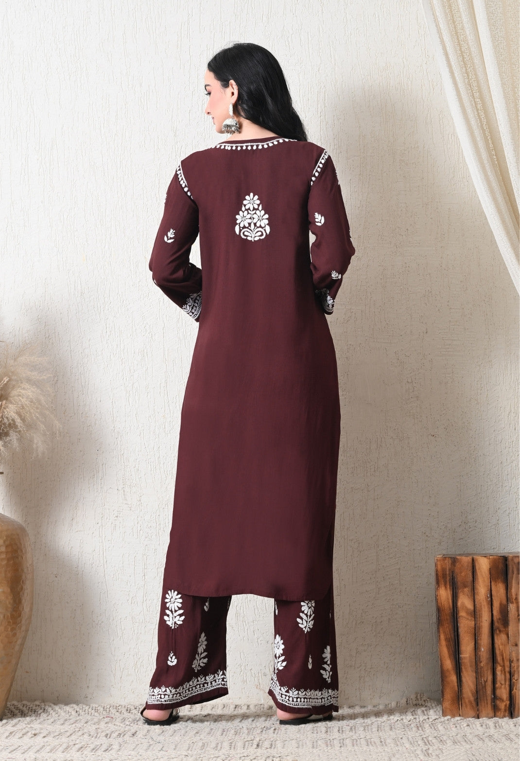 Brown Rayon Hand Embroidered Chikankari Kurta & PLazo Set with Floral Motifs