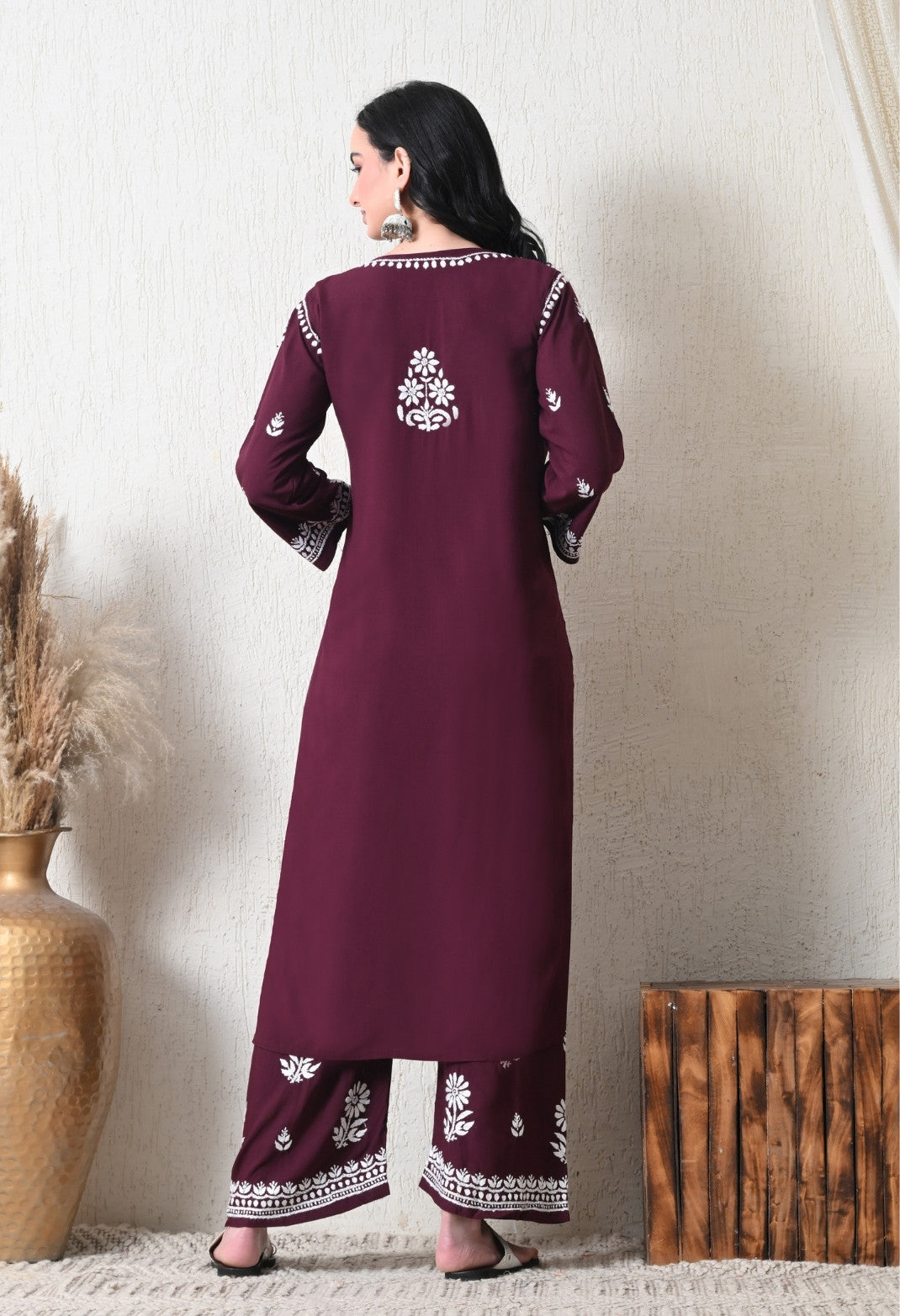 Wine Rayon Hand Embroidered Chikankari Kurta & PLazo Set with Floral Motifs