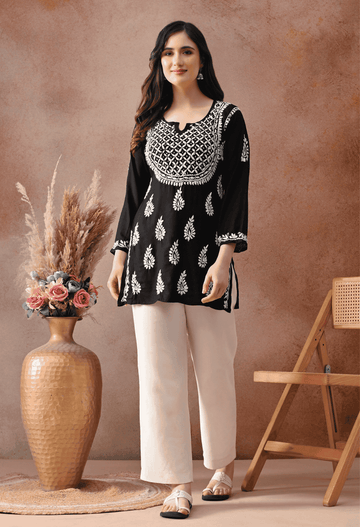 Black Hand-Embroidered Chikankari Rayon Short Kurta