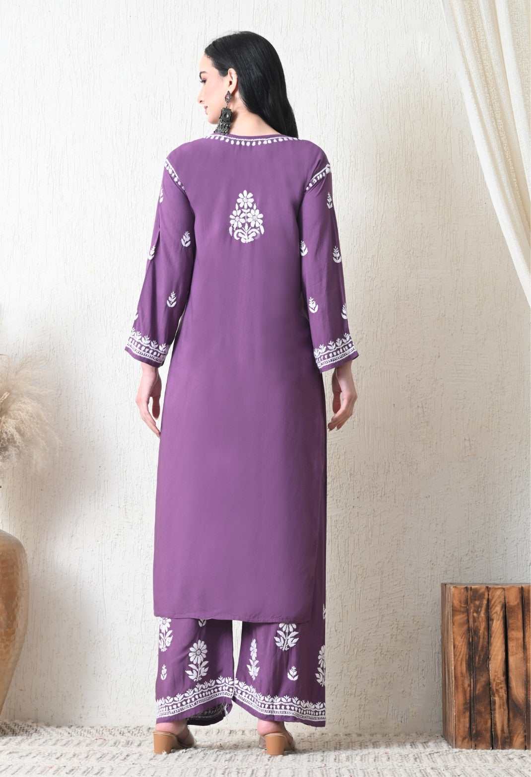 Mauve Purple Rayon Hand Embroidered Chikankari Kurta & PLazo Set with Floral Motifs