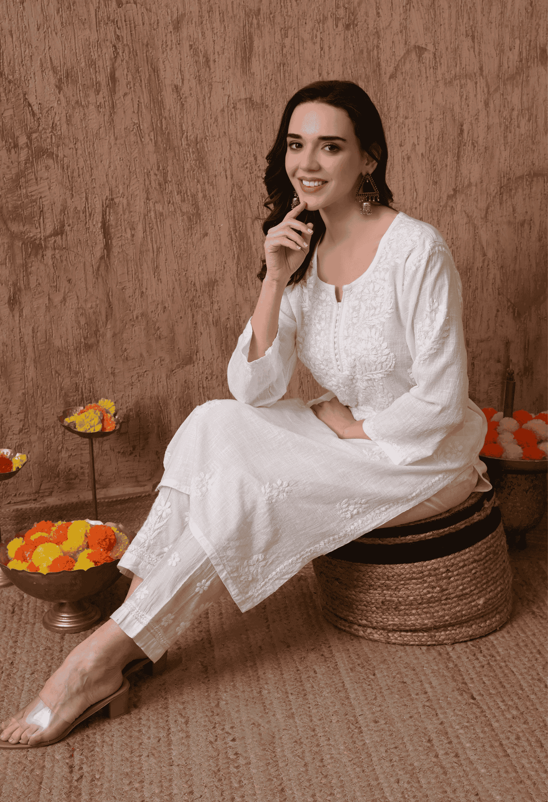 White Hand Embroidered Chikankari Linen Cotton Kurtai