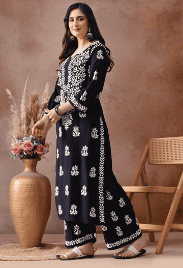 Navy Blue Hand Embroidered Chikankari Rayon Kurta Palazzo Set