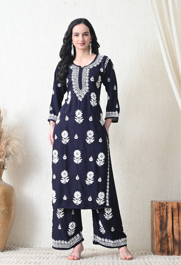 Navy Blue Rayon Hand Embroidered Chikankari Kurta & PLazo Set with Floral Motifs