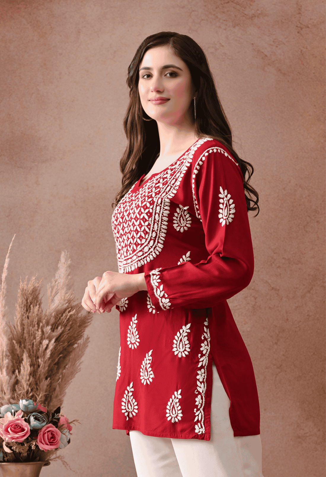 Maroon Hand-Embroidered Chikankari Rayon Short Kurta