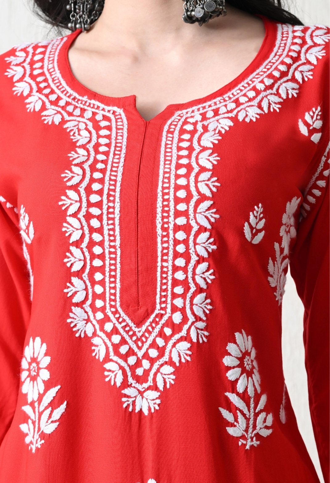 Red Rayon Hand Embroidered Chikankari Kurta & PLazo Set with Floral Motifs