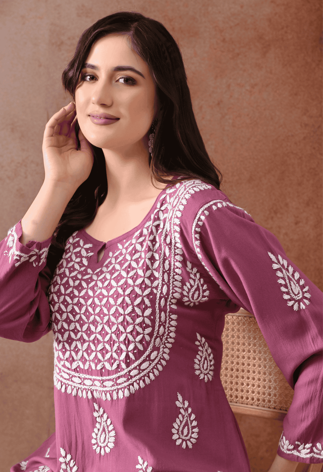 Onion Pink Hand-Embroidered Chikankari Rayon Short Kurta