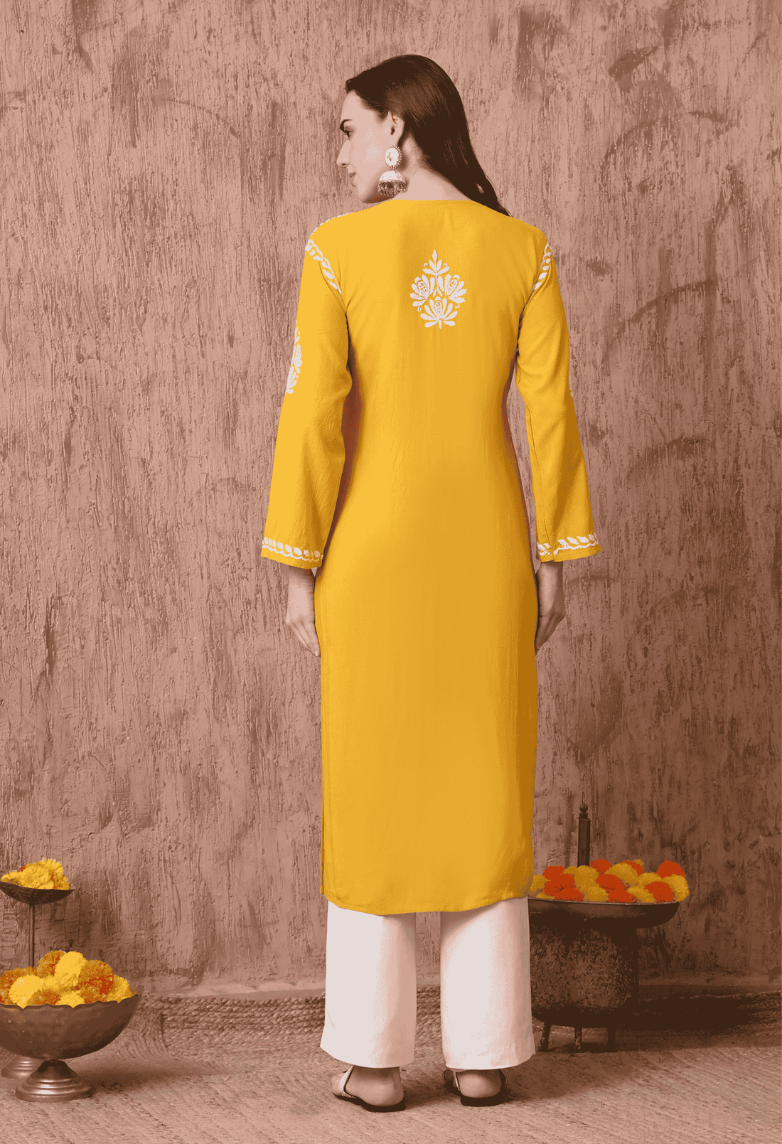 Women Yellow Hand Embroidered Chikankari Rayon Straight Kurta