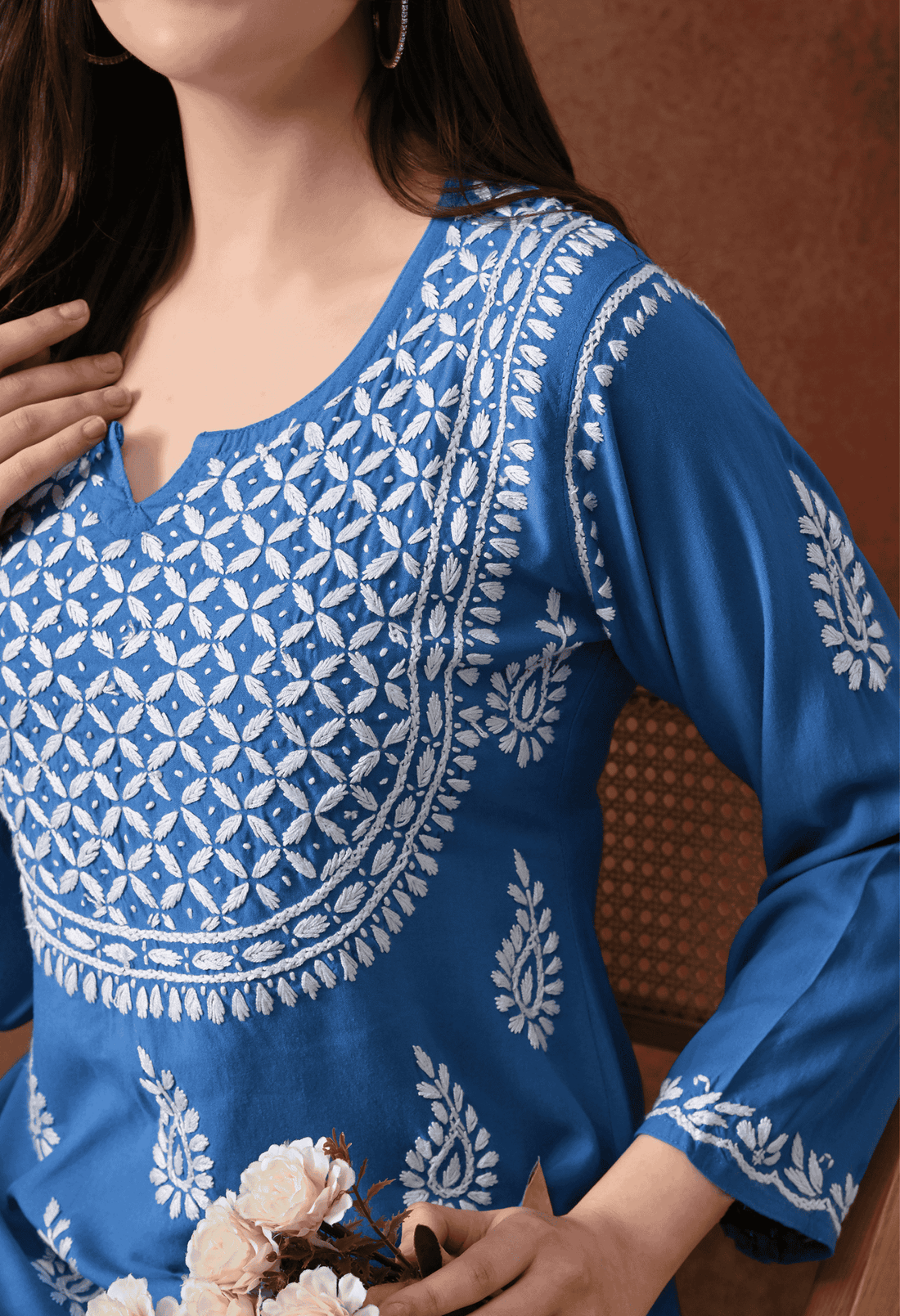 Blue Hand-Embroidered Chikankari Rayon Short Kurta