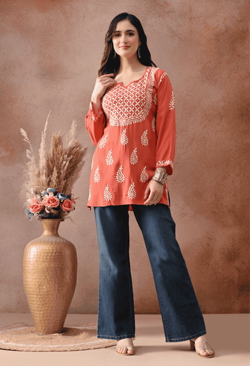 Peach Hand-Embroidered Chikankari Rayon Short Kurta