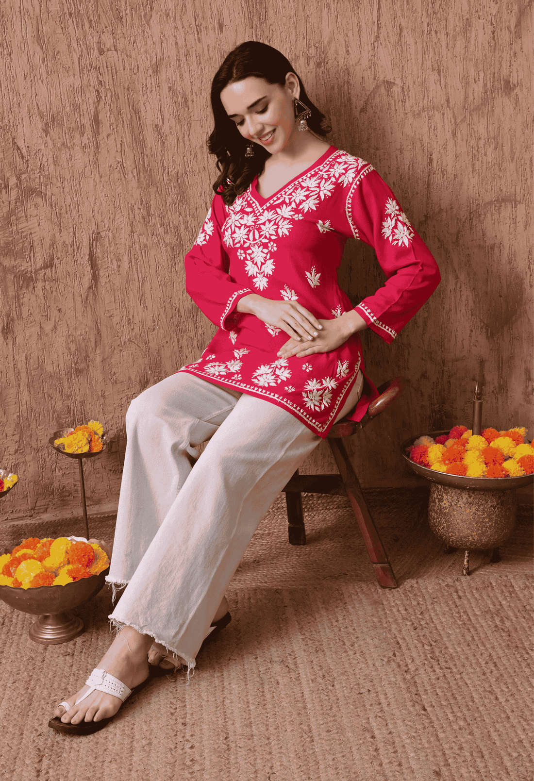 Pink Elegant Hand-Embroidered Chikankari Floral Lucknowi Kurti